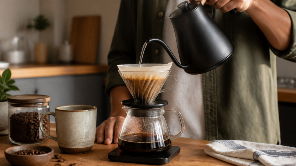 Preparo de café coado manualmente em uma cozinha residencial