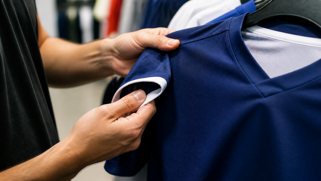 Pessoa verifica tecido e acabamento de uma camisa de futebol