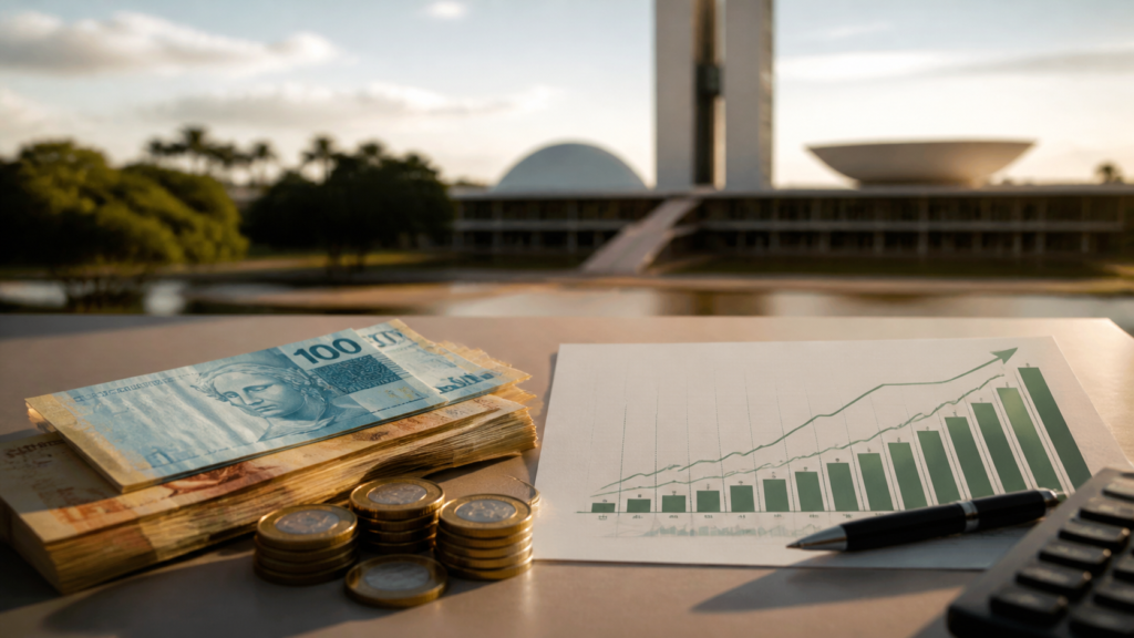 Cédulas de real, moedas e gráfico de juros diante do Congresso Nacional em Brasília