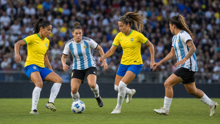 Seleções femininas de Brasil e Argentina disputam a bola em partida internacional