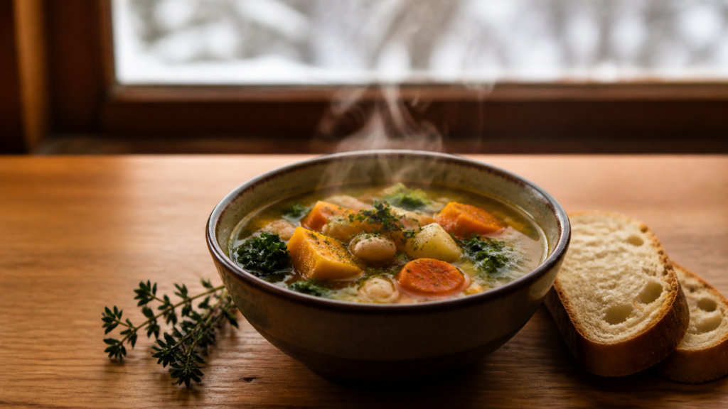 Sopa de legumes nutritiva e fumegante servida com pão em ambiente de inverno