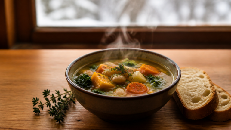 Sopa de legumes nutritiva e fumegante servida com pão em ambiente de inverno